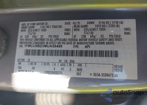 2021 Ford Escape Se Hybrid z USA, uszkodzony, nr VIN 1FMCU9BZ3MUA58499